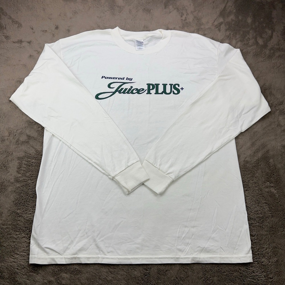 Gildan Juice PLUS+ Graphic Long‎ Sleeve T-Shirt White Mens XL Heavyweight Cotton